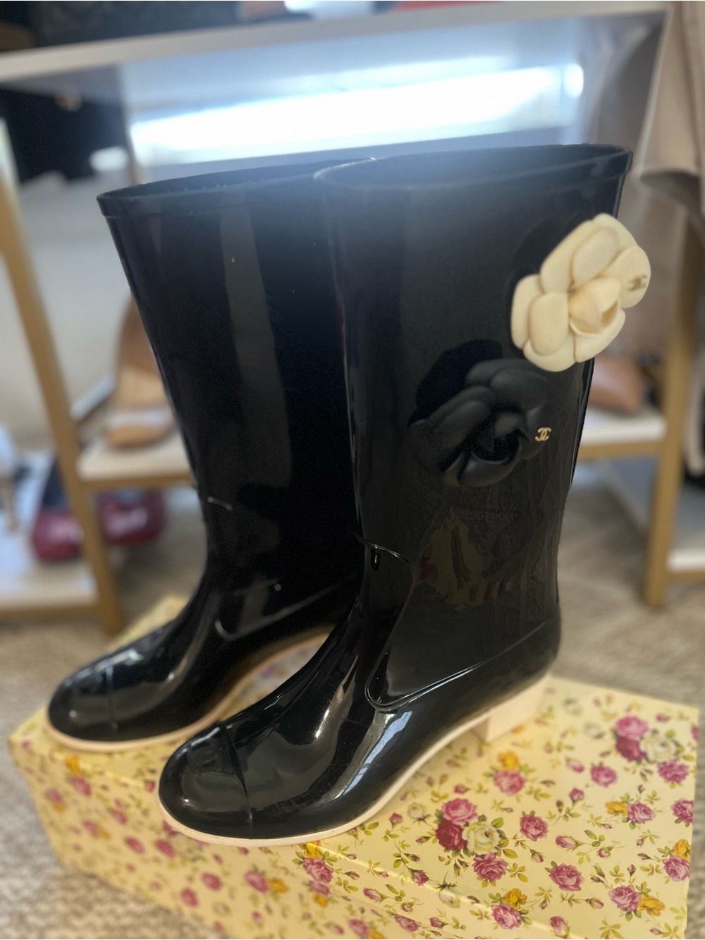CHANEL Black Patent Rain Boots with White Camellia Accent